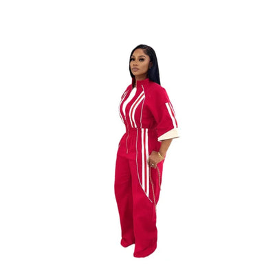 Women Jumpsuits For Spring 3/4 Sleeve Print Stripe Loose Fashion Streetwear Overalls Wide Leg Pants Trousers 2025 Summer