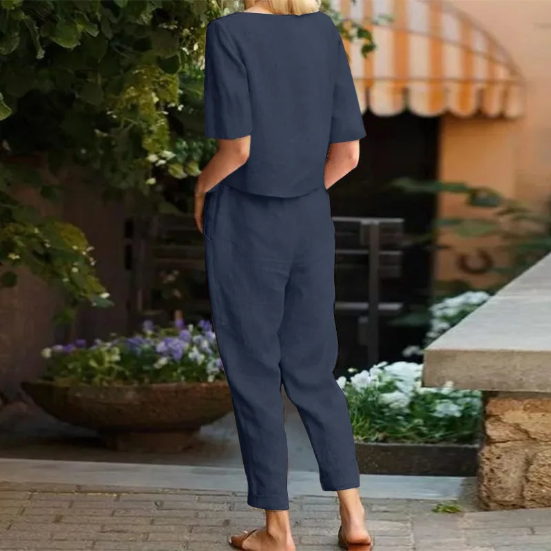 Women's Cotton Linen Suit Summer Matching Suit Half-sleeved Round Neck Tie Elastic Waist Trousers Wide-leg Pants Retro Suit 2024