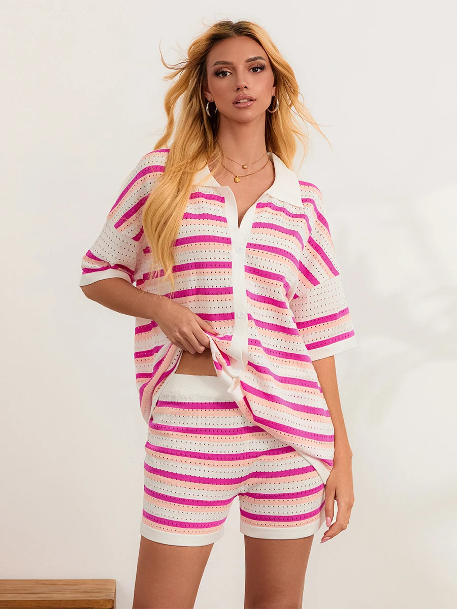 Women Pajamas Set 2 Pieces Loungewear Suits Summer Striped Contrast Color Button Crochet Knit Tops and Shorts Lounge Sets Beach
