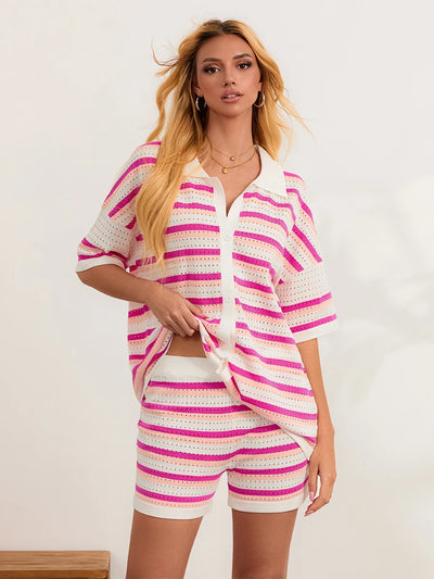 Women Pajamas Set 2 Pieces Loungewear Suits Summer Striped Contrast Color Button Crochet Knit Tops and Shorts Lounge Sets Beach