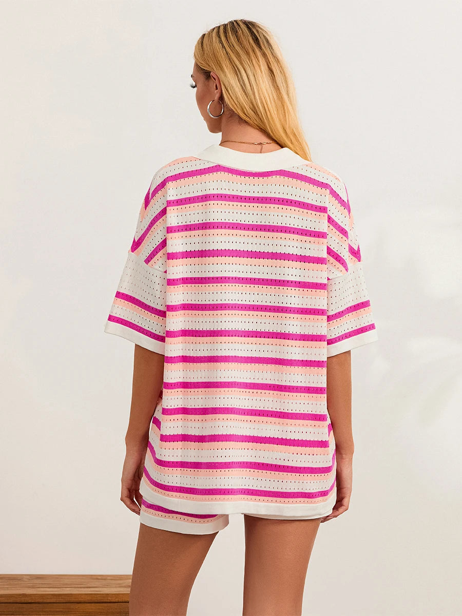 Women Pajamas Set 2 Pieces Loungewear Suits Summer Striped Contrast Color Button Crochet Knit Tops and Shorts Lounge Sets Beach
