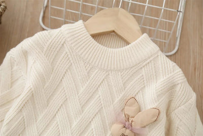 Two-Piece Kids Rabbit Appliques Sweater Tops With Pleated Skirt Suit |Casual Clothes Girls, Children | Autumn Outfits