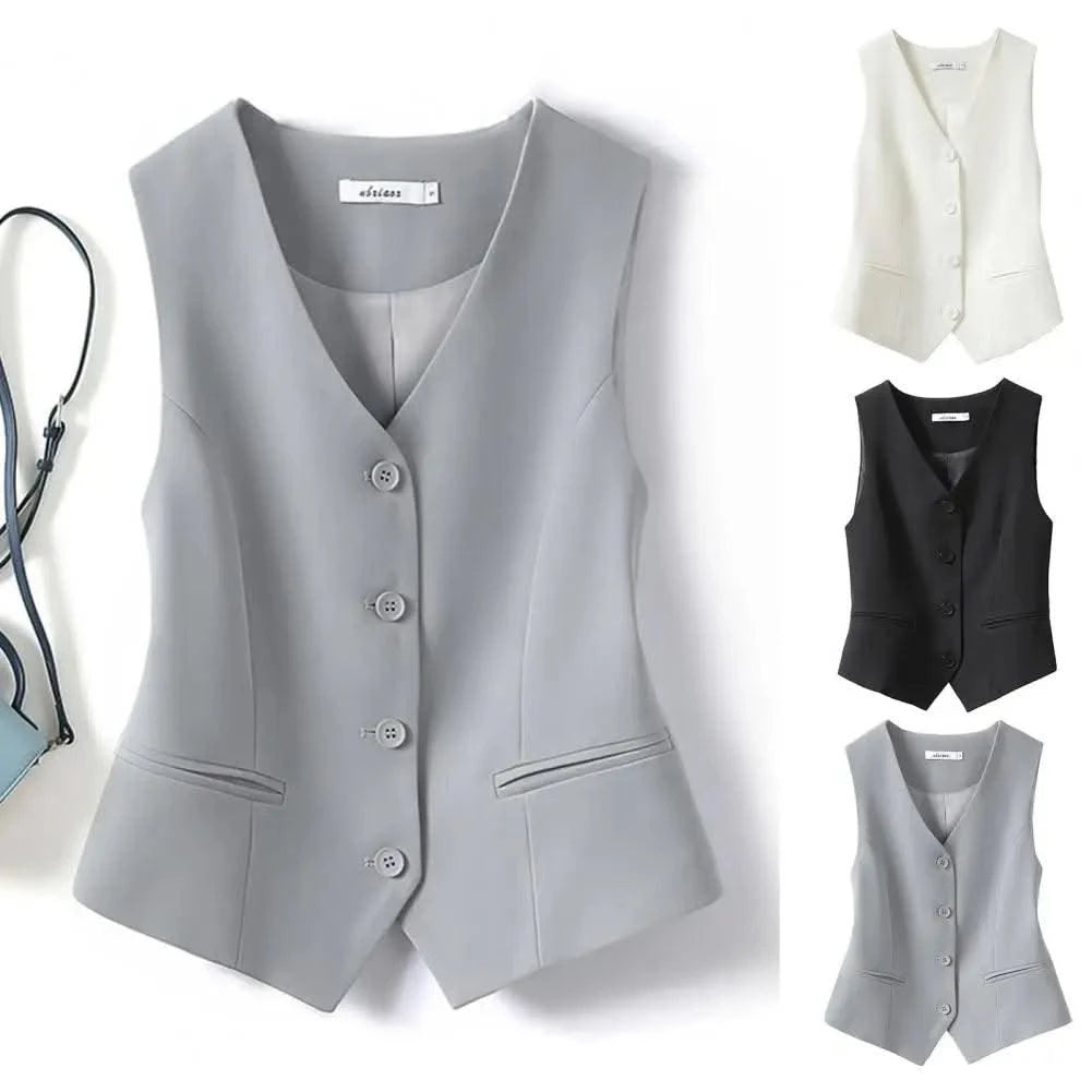 Women Fashion Front Button Fitted Waistcoat Activewear