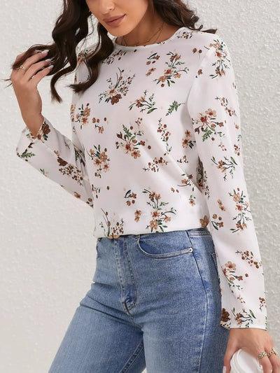 Ladies Floral Print O Neck Casual Long Sleeve Blouse Women Tops Shirts