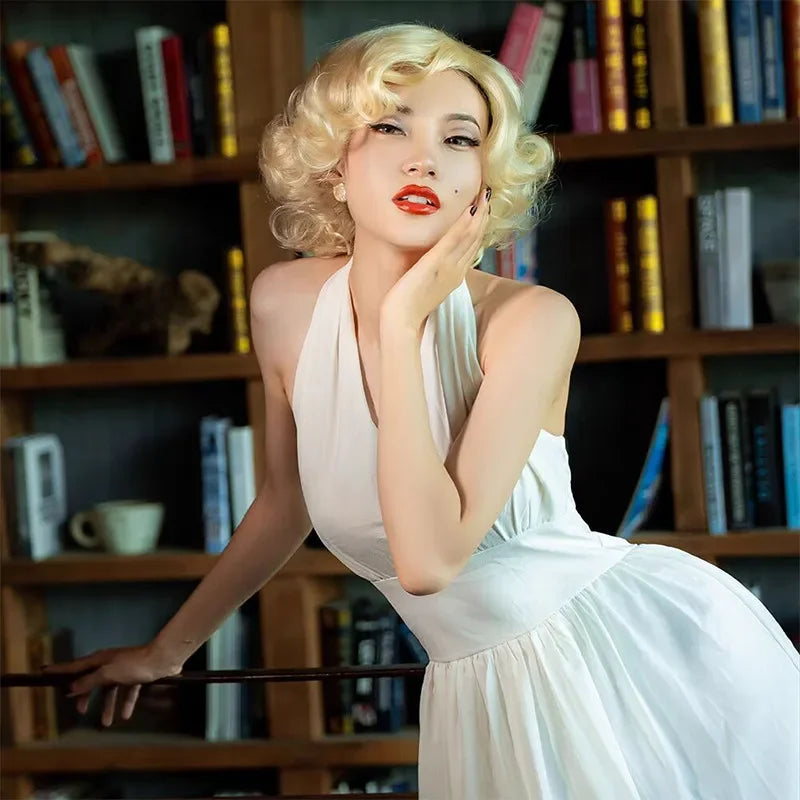 Short Curly Wigs for Women Synthetic Hair with Bangs Shoulder Length Blonde Grey White Brown Natural Looking Party Daily Use
