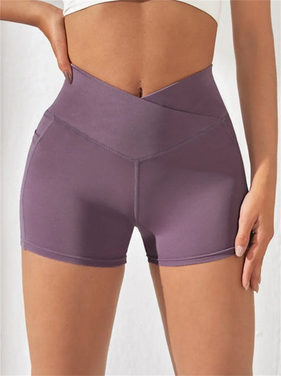Women's High Cross Waist Biker Shorts Side Pockets Buttery Soft Comfy Criss Cross Running Yoga Athletic Short Pants