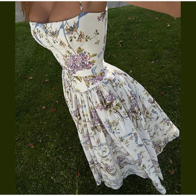 Elegant Women Summer Dresses Floral Printing Strap Backless Sleeveless High Waist Pleated A-line Party Vestidos Chic lady outfit