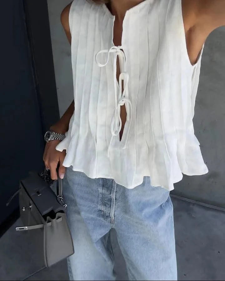 Linen Cotton Pleated Lace-up Elegant White Women Tops Tanks 2025 Summer Women Causal O-neck Sleeveless Ruffles Vest Streetwear