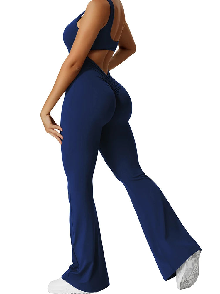 2025 Summer New Women's Sexy Hottie Style Backless One-piece Suit Sports Fitness Yoga Pullover One-piece Suit Flared Pants