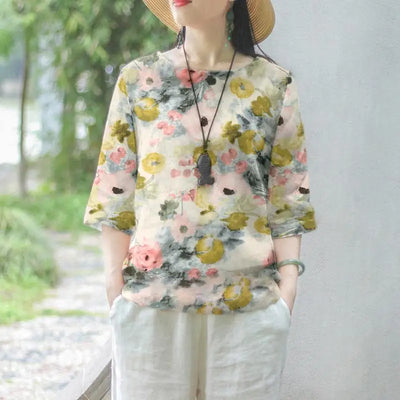 ZANZEA Women Cotton Linen Blouses 2024 Summer Bohemian Floral Printed Blusas Fashion 3/4 Sleeve O-Neck Top Casual Loose Shirts
