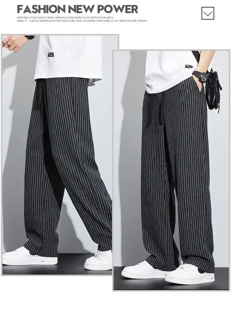 New Men's Trousers with a Sense Design Featuring Unique Stripe Pattern Hanging Wide-leg Loose Straight Casual Long Pants