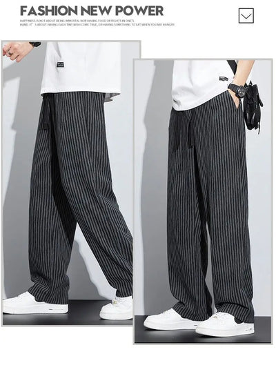 New Men's Trousers with a Sense Design Featuring Unique Stripe Pattern Hanging Wide-leg Loose Straight Casual Long Pants