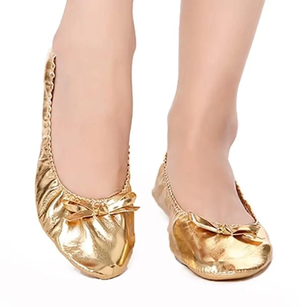 Professional Bowknot Belly Dancing Shoes Golden Foldable Indian Dance Shoes Leather Soft Ballerina Flats Children