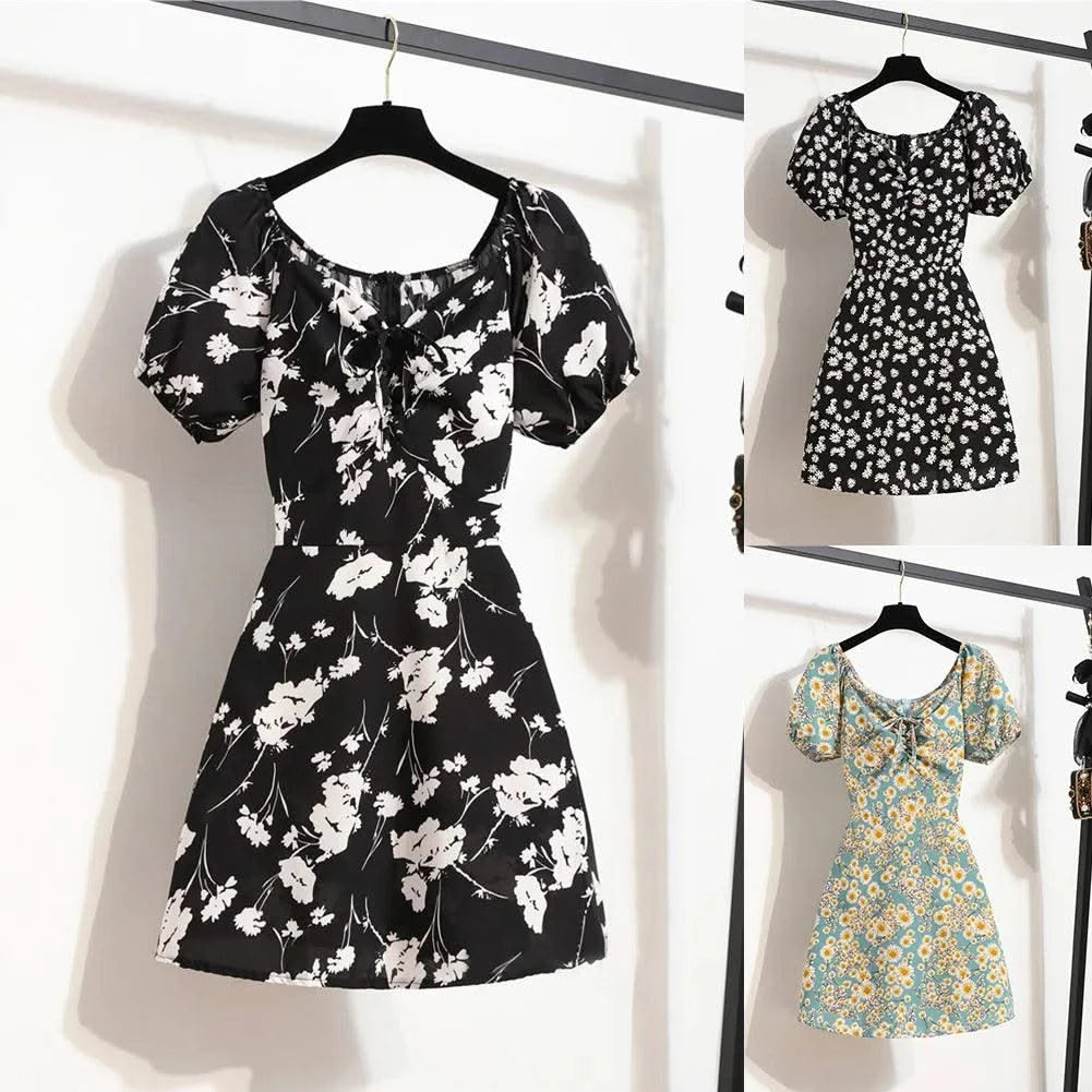 Women Mini Dresses Summer Fashion Female Vestidos Print Floral Chiffon Dresses Shirring Pleated Short Puffy Sleeve Casual Dress
