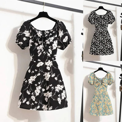 Women Mini Dresses Summer Fashion Female Vestidos Print Floral Chiffon Dresses Shirring Pleated Short Puffy Sleeve Casual Dress