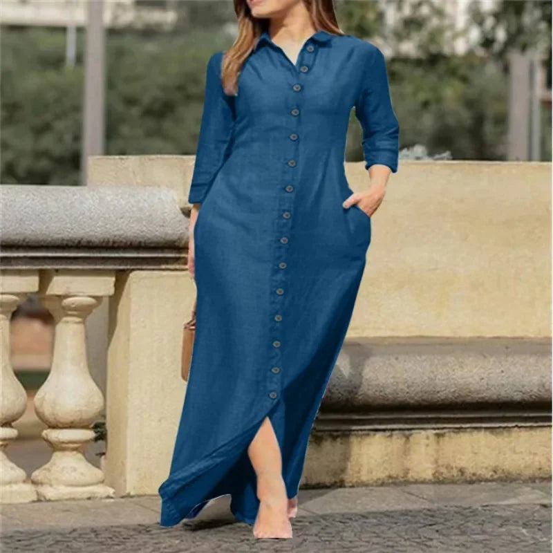 Elegant Long Dress For Women Spring Autumn Long Sleeve Solid Color Cotton And Linen Shirt Dresses Casual Button Dress Robe Femme