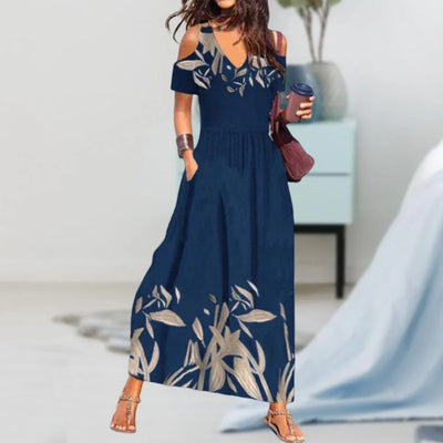 Women Summer Dress Flower Print Hollow Out Short Sleeves V Neck Dress-up Pleated Off Shoulder Soft Maxi Dress Women Clothes