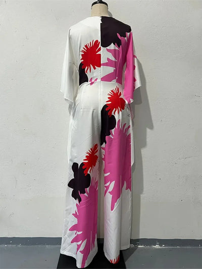 Jumpsuits for Woman Summer Printing Three Quarter Sleeves V Neck Jumpsuits Fashionable Casual Loose Women's Wide-leg Jumpsuit