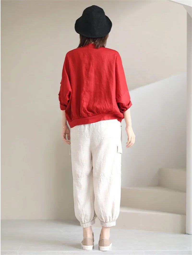 Fashion Cotton Linen Short Jacket For Women Spring Autumn New  Retro Loose V-Neck Thin Casual Top Coat Sunscreen Clothing