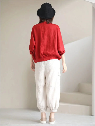 Fashion Cotton Linen Short Jacket For Women Spring Autumn New  Retro Loose V-Neck Thin Casual Top Coat Sunscreen Clothing
