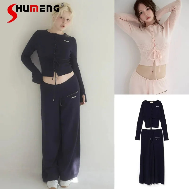 2025 Autumn Winter Japanese Style Sweet Slim Fit Knitted Cardigan Top Long Sleeves Wide Leg Casual Pants Set Outfits For Ladies