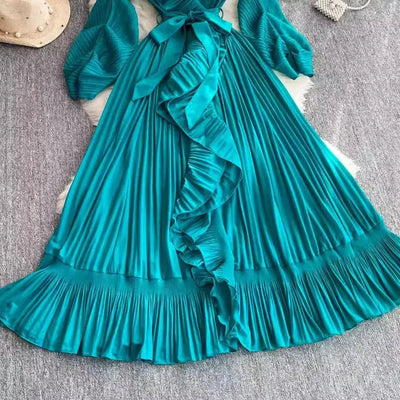 Women's V Neck Ruffles Splice Lantern Sleeve High Stretch Oversized Dresses Miyake Maxi Pleated 2025 Spring Long Party Clothing