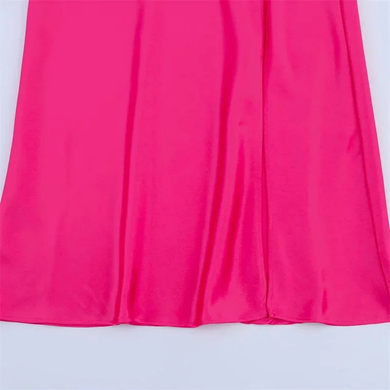 Women's Dress New Summer 2025 Rose Red Silk Satin Textured Sleeveless Midi Dress Asymmetrical Design Elegant temperament