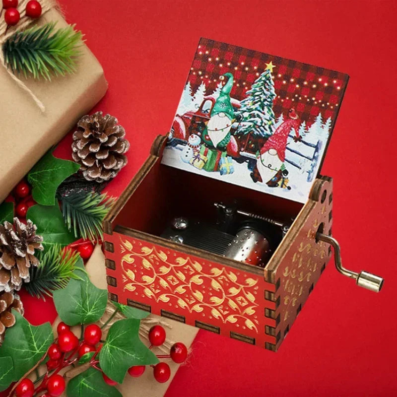 Merry Christmas Music Box Wooden Hand Cranked Music Box Vintage Happy New Year Music Box Gift Music Box Birthday Gift