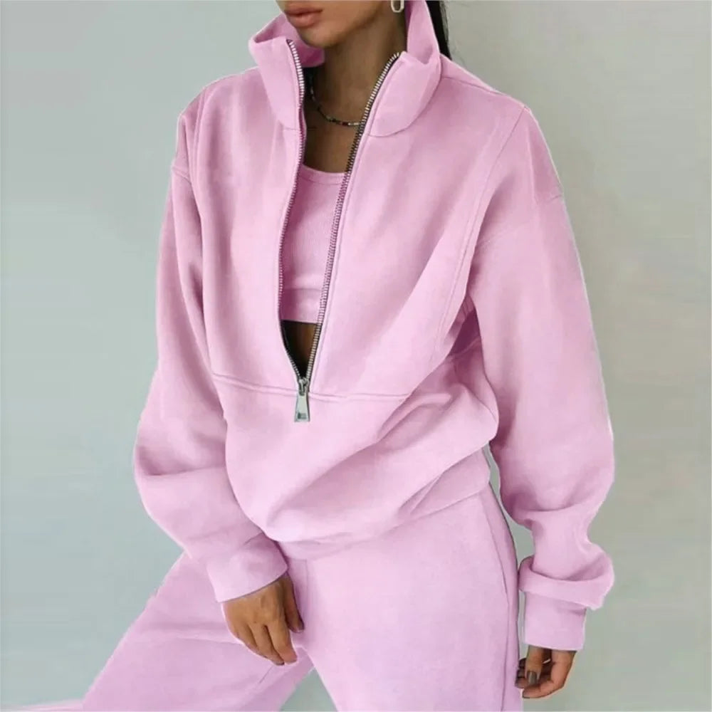 Autumn Winter Women Tracksuits Two Piece Outfits Fleece Lined Zipper Sweatshirt High Waist Pants Sets Female Sport Suits 2024