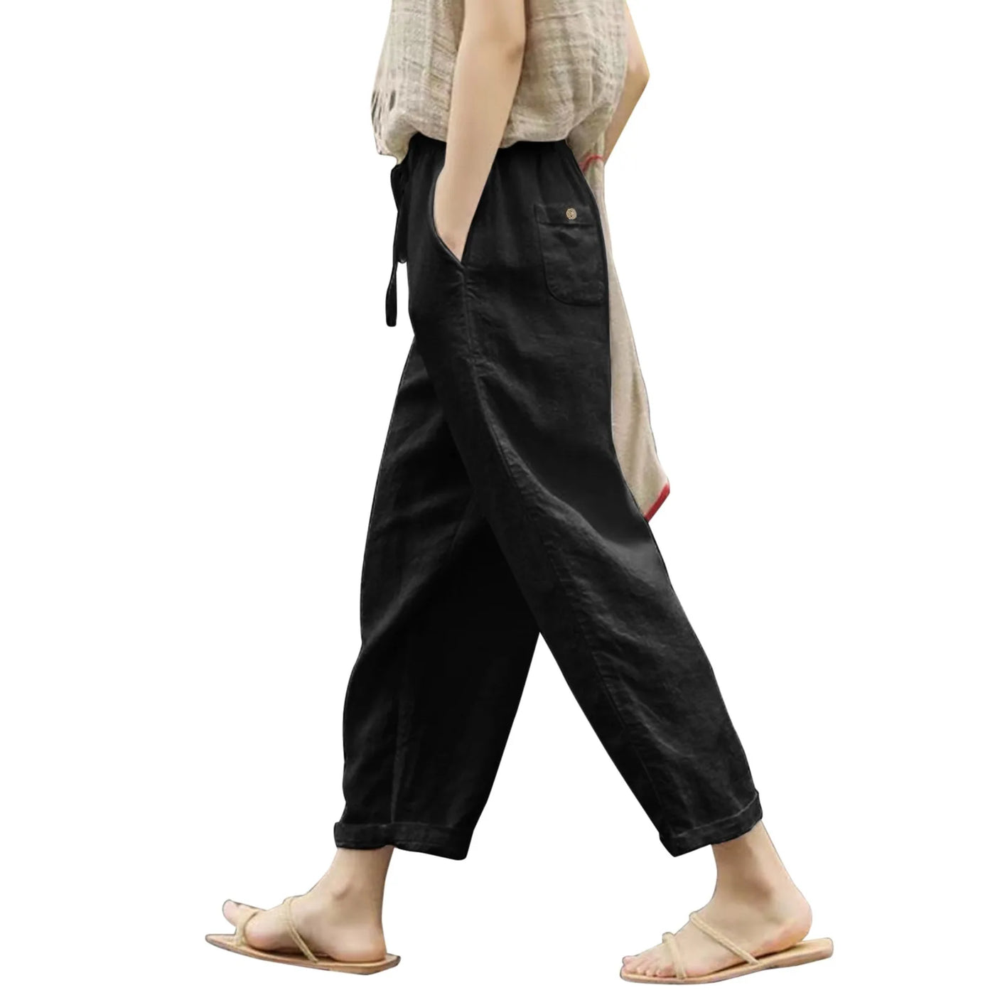 Women Solid Cotton Linen Pants Casual Baggy Elastic Waist Cropped Trousers Basic Wide Leg Linen Pants Pantalones De Mujer