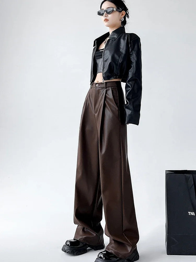Women's Wide Leg Pants PU Straight Pants Autumn New Fashion Pantalones Mujer Solid Black Brown Leather Pants Women Streetwear
