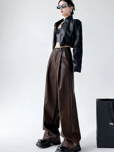 Women's Wide Leg Pants PU Straight Pants Autumn New Fashion Pantalones Mujer Solid Black Brown Leather Pants Women Streetwear