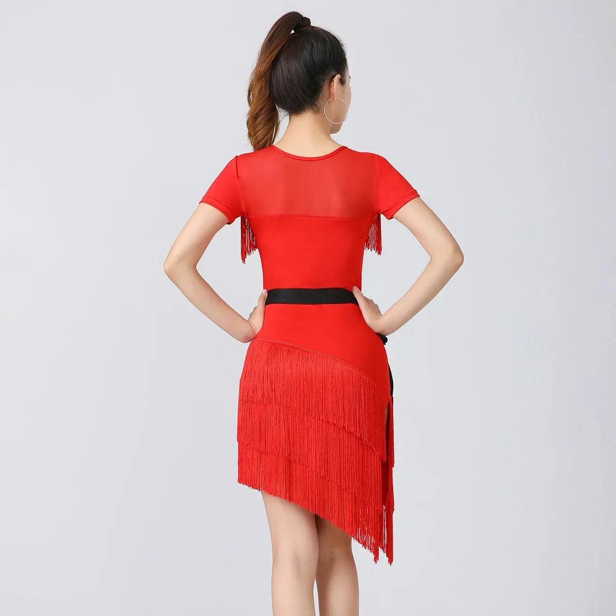 Women Latin Dance Outfit for Female Adults High End Slim Short Sleeve Tassel Split Dress Purple Red Sexy Practice Dance Clothing