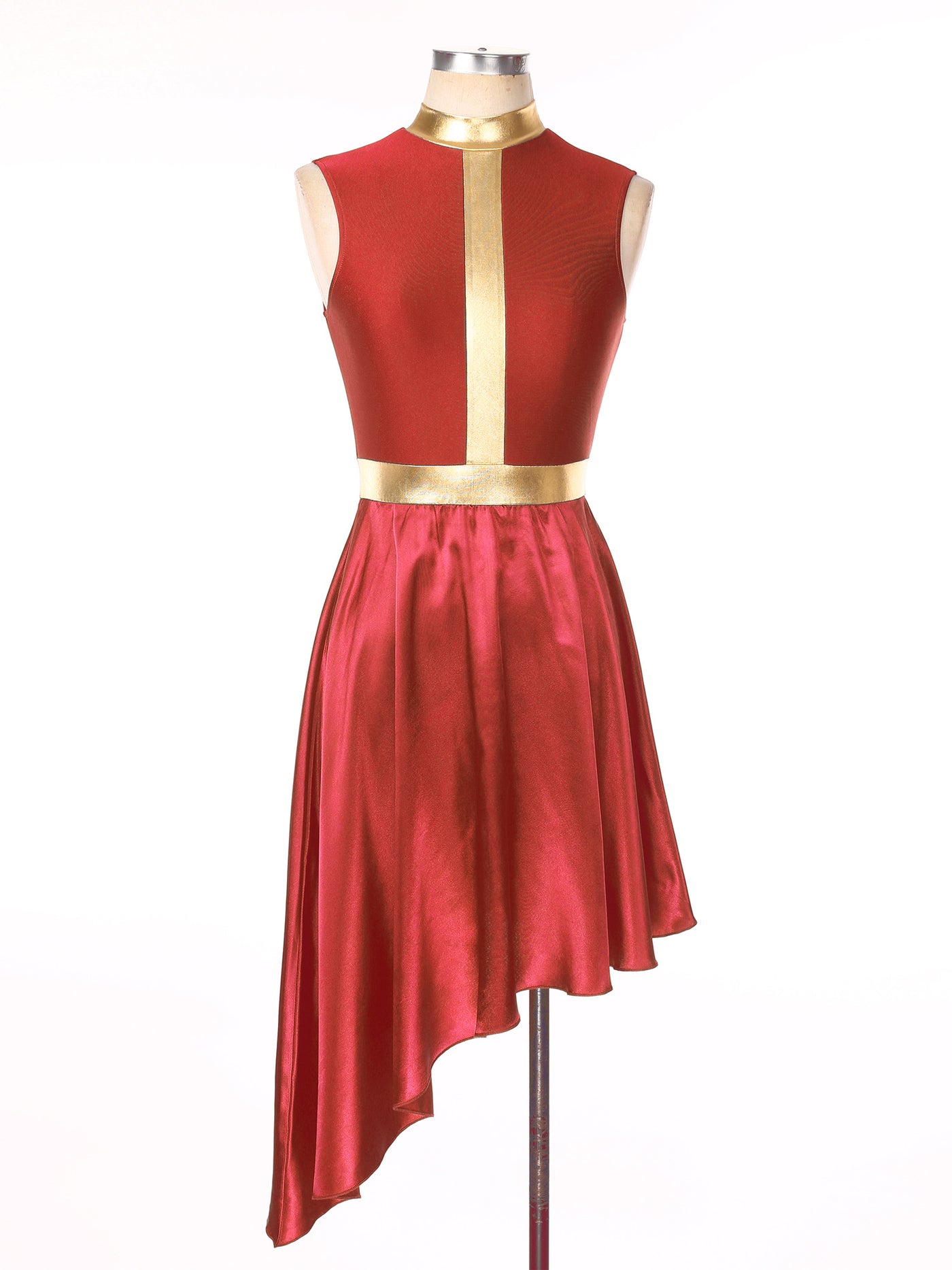 Women Lyrical Dance Dress Color Block Patchwork Invisible Zipper Back Flowy Asymmetrical Hem Sleeveless Dresses Dancewear