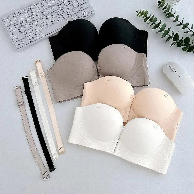 Front Closure Strapless Bras For Women Seamless Push Up Brassiere Thick Soft Underwear Solid Color Adjustable Invisible Lingerie