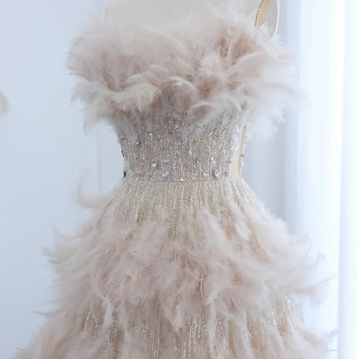 Sharon Said Luxury Dubai Feathers Princess Ball Gown Cream Evening Dress for Women Wedding Engament Party Dress SS732 Customized