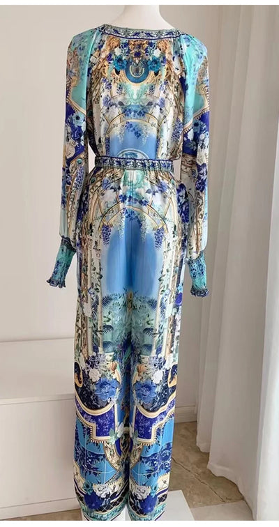 Retro women's V-neck beaded print long-sleeved Joker coat Spring and Autumn new two-piece suit+high-waist wide-leg trousers suit