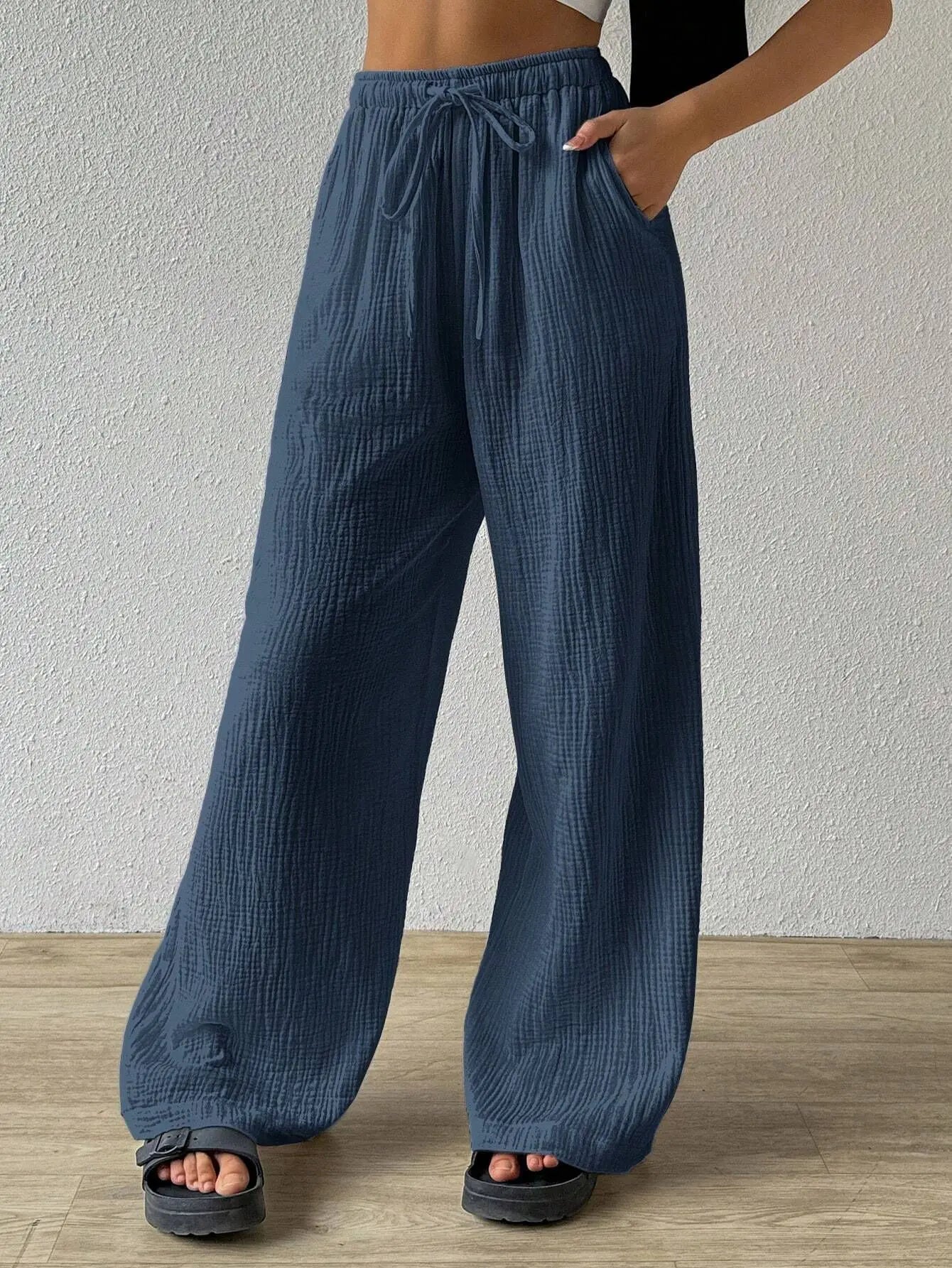Wide Leg Floor Length Pants Women Drawstring Pant Loose Y2k Streetwear Capris Pockets Casual Sports Summer High Waist Basics