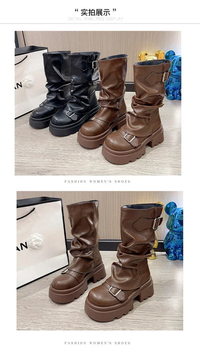 Women's Boots Brown Maillard Retro New Spring Autumn Height Increasing Comfortable Anti Slip Fashion Belt Buckle Boots 2025