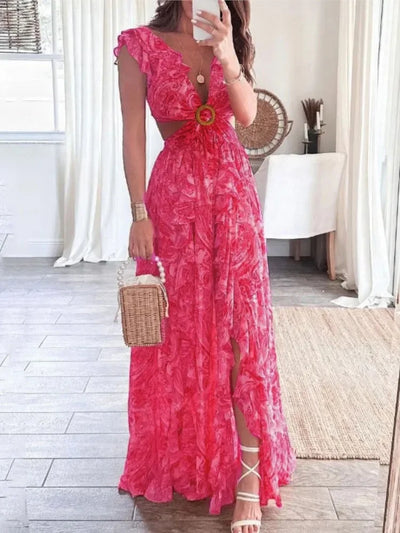 2025 Dress For Women Spring New Printed Deep V Sexy Exposed Waist Hollow Pleated Slit Long Dress Elegant Birthday Party Vestidos - Elanique