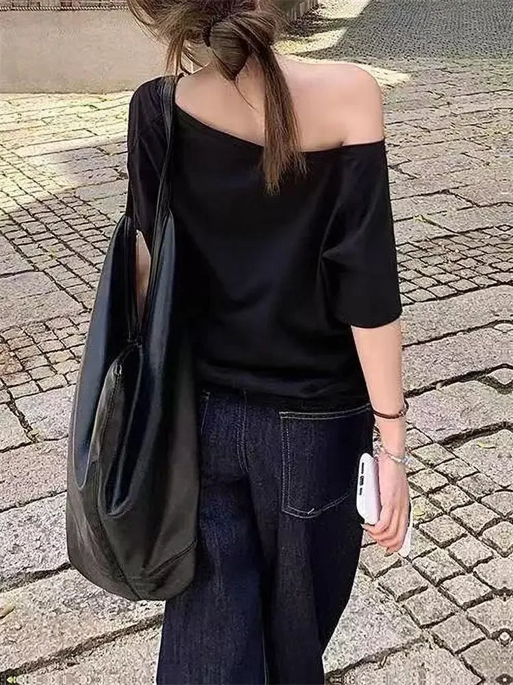 T-shirts Women Niche Design Off Shoulder Solid Short Sleeve Summer Chic Loose Casual Daily Simple Sexy Korean Trendy Street Tops