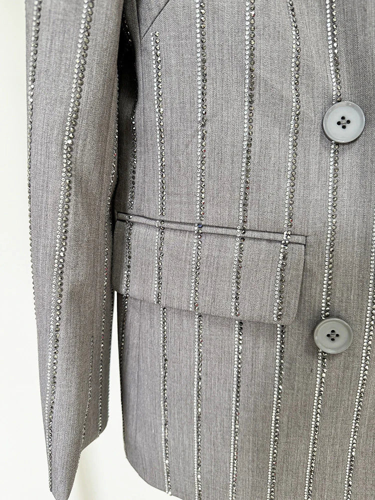 Women Pants Two Piece Sets Women Gray Rhinestone Single Button Blazer + Sparkle Striped Diamonds Pants Suits Evening Party Club