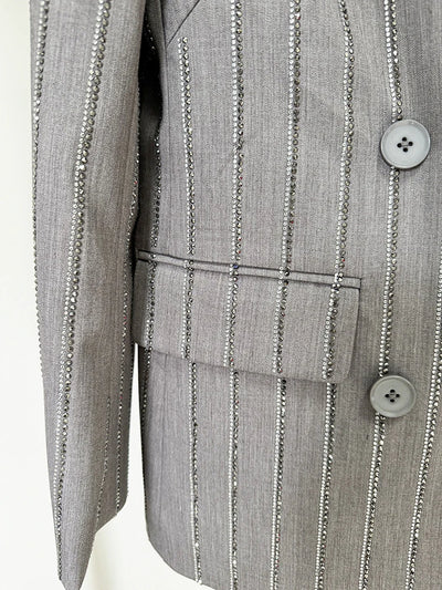 Women Pants Two Piece Sets Women Gray Rhinestone Single Button Blazer + Sparkle Striped Diamonds Pants Suits Evening Party Club