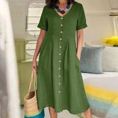 Women's Summer Casual Cotton Linen Midi Dress White  Loose Elegant Green Dresses Vestidos Платье С Декольте Jupe Longue Femme