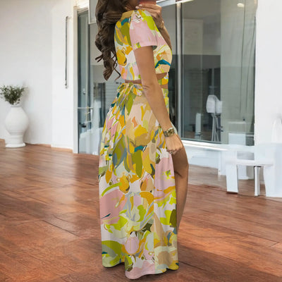 Women's 2 Piece Outfits Off Shoulder Loose Irregular Hem Top High Waist Lounge Dress Suits Casual Floral Print Sets