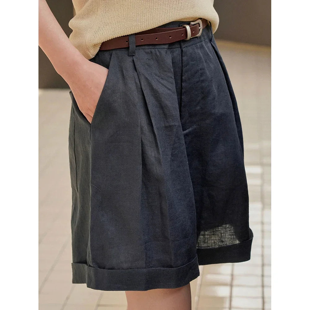Summer Korea Style Lazy Linen Curled Bermuda Shorts Wide Leg Loose Slim Casual Hot Pants For Women