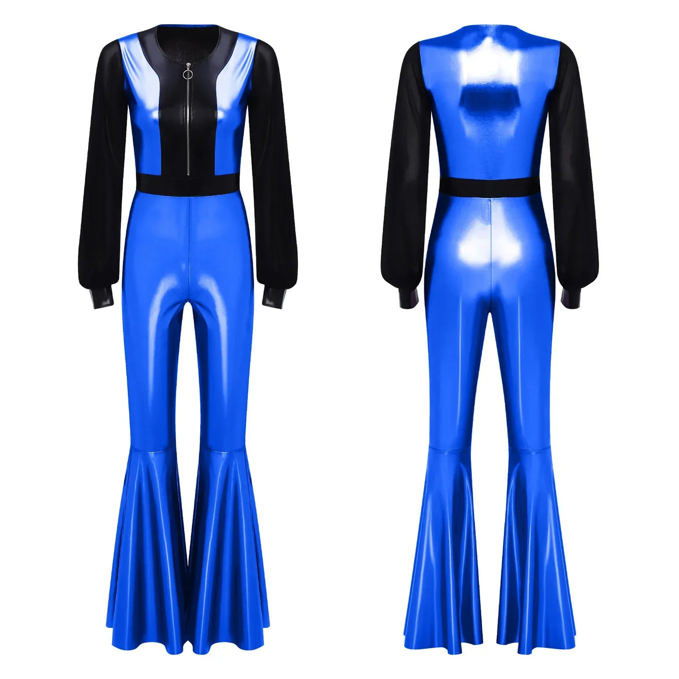 Womens Vintage 70s 80s Disco Dance Jumpsuit Mesh Long Sleeve Bell Bottom Pants Metallic Shiny Rompers Bodysuit Halloween Costume