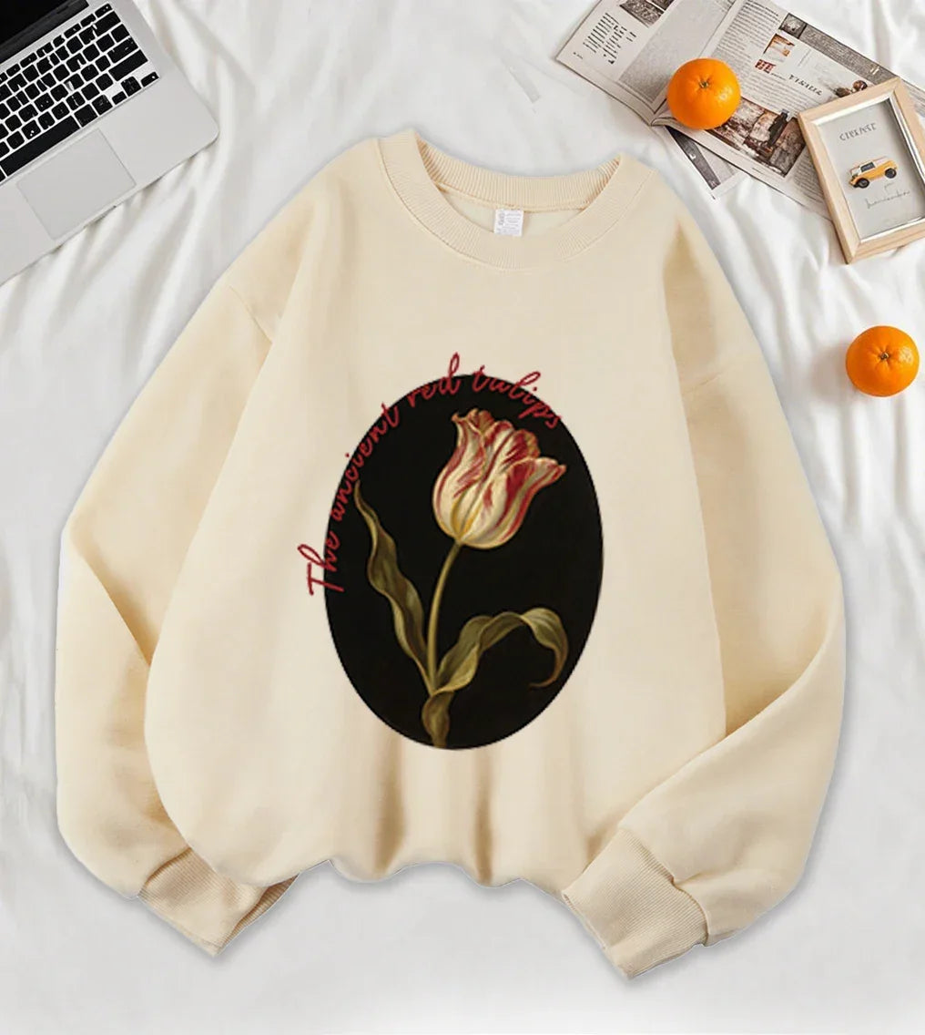 The Ancient Red Twlipws Design Women Sweatshirt Soft Warm Tops Fleece All-Match Pullover Crewneck Casual Sportswear For Woman