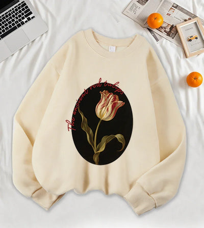 The Ancient Red Twlipws Design Women Sweatshirt Soft Warm Tops Fleece All-Match Pullover Crewneck Casual Sportswear For Woman