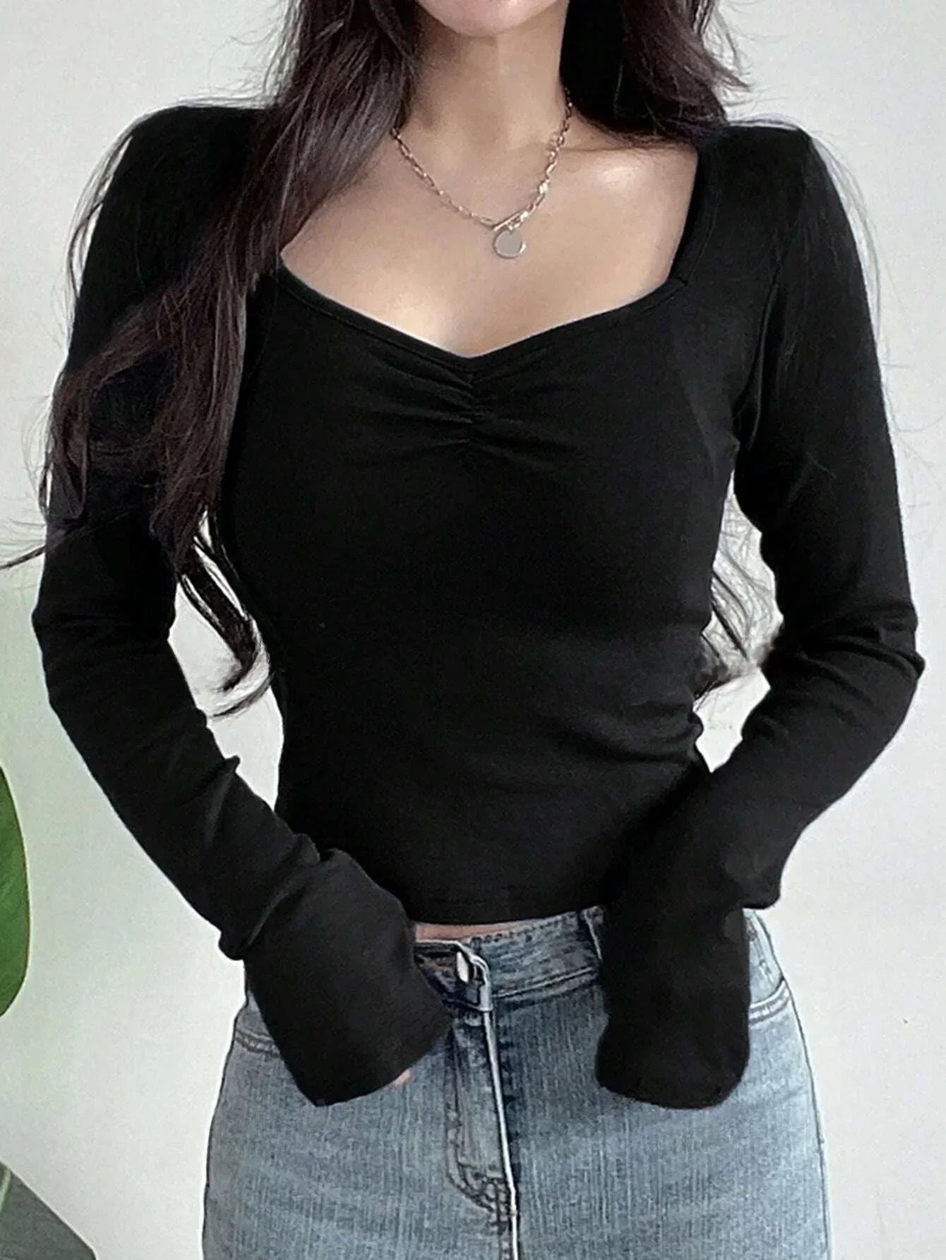 Women Long Sleeve Tops - Sexy Going Out Sweetheart V Neck Basic Shirts Tight Slim Fall Trendy Clothing